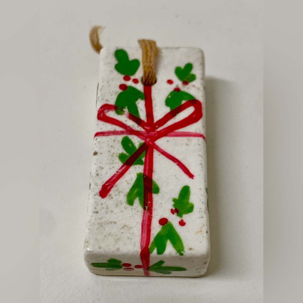 Mid Century Post WWII Japan Antique Glazed Ceramic Christmas Present Ornament